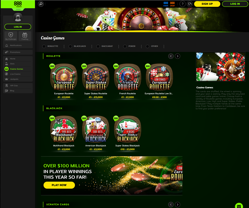 The lobby with great games at 888 online casino