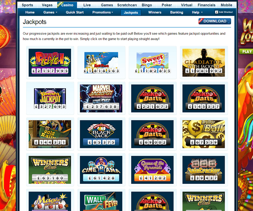 The jackpots lobby of WillHill online