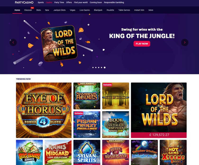Party Casino home page with games and bonuses